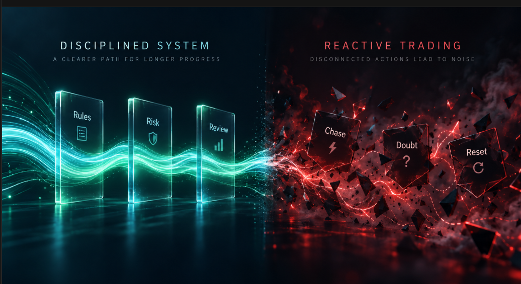 Disciplined System: Rules, Risk, Review. Reactive Trading: Chase, Doubt, Reset.